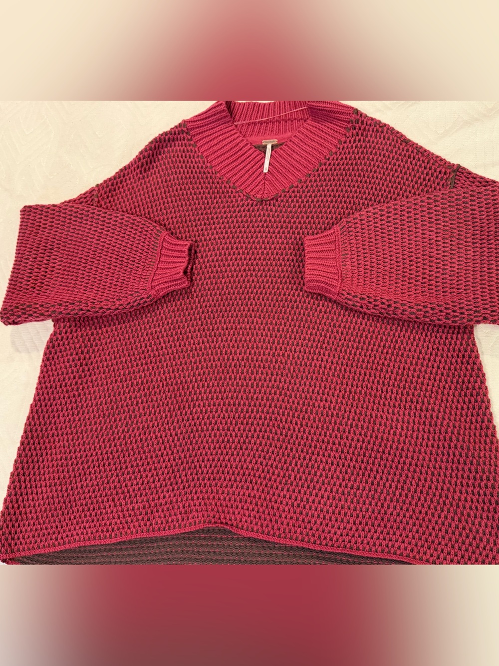 Free People Women's V-Neck Sweater in Red Berry & Brown, Size XS